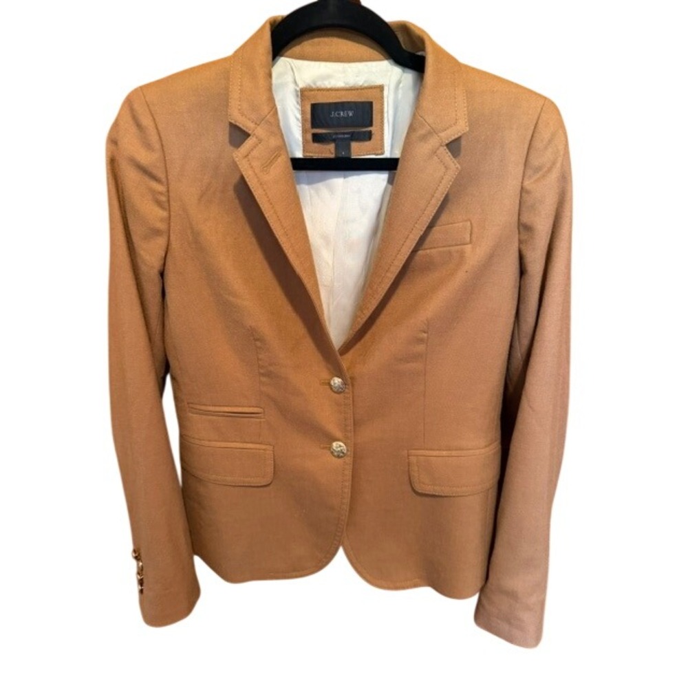 J.Crew Schoolboy Blazer 100% Wool Camel Tan Gold Crest Button Jacket Size 2